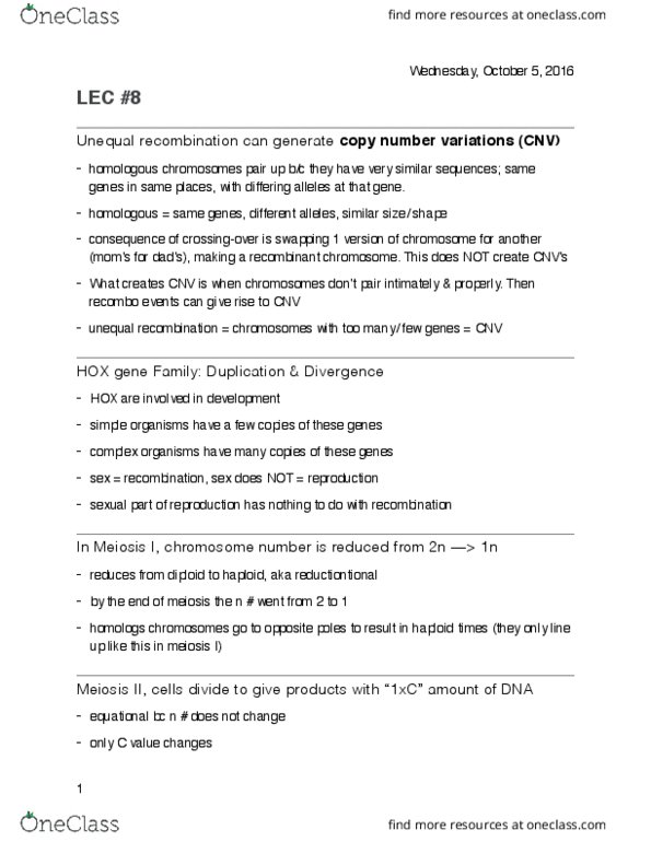 Biology 1001A Lecture Notes - Lecture 8: Copy-Number Variation, Hox Gene, Gene Duplication thumbnail