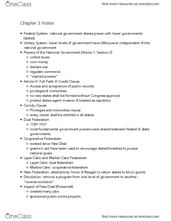 POL_SC 1100 Chapter Notes - Chapter 3: Cooperative Federalism, Implied Powers, New Federalism thumbnail