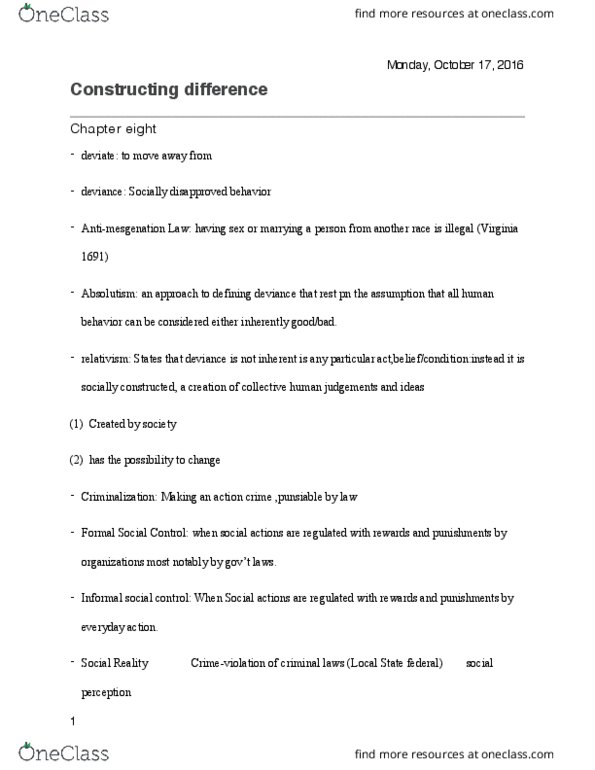 SOCI 1101 Lecture Notes - Lecture 8: Social Actions, Medicalization, Deterrence Theory thumbnail