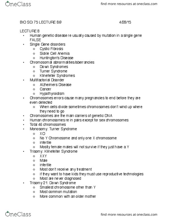 BIO SCI 75 Lecture Notes - Lecture 8: Klinefelter Syndrome, Sickle-Cell Disease, Turner Syndrome thumbnail