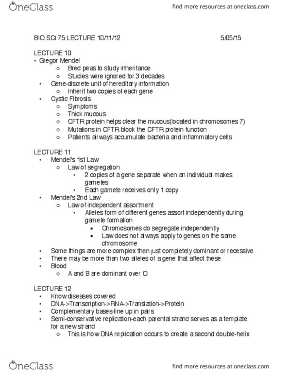 BIO SCI 75 Lecture Notes - Lecture 10: Gregor Mendel, Cystic Fibrosis, Mendelian Inheritance thumbnail