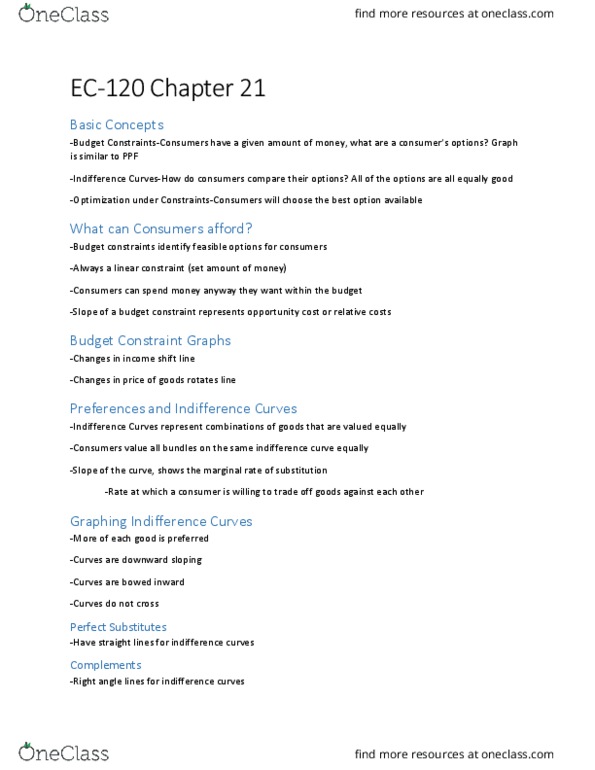 EC120 Chapter Notes - Chapter 21: Budget Constraint, Indifference Curve, Consumer Choice thumbnail