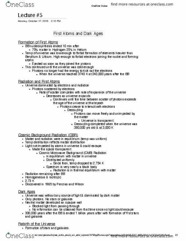 PHYS 037 Lecture Notes - Lecture 5: Cosmic Microwave Background, Beryllium, Microsoft Onenote thumbnail