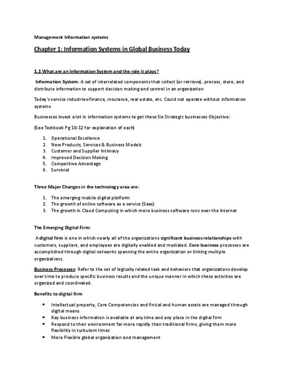 ITM 100 Chapter Notes - Chapter 1: Management Information System, Information System thumbnail