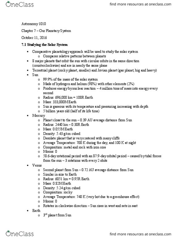 ASTR-1010 Lecture Notes - Lecture 9: Galilean Moons, Terrestrial Planet, Giant Planet thumbnail