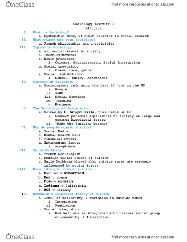 SOC 100 Lecture Notes - Lecture 1: The Sociological Imagination, Social Inequality, Social Forces thumbnail