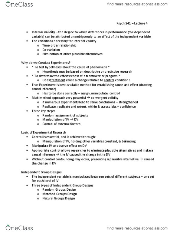 PSYCH 241 Lecture Notes - Lecture 4: Causal Inference, Convergent Validity, Internal Validity thumbnail