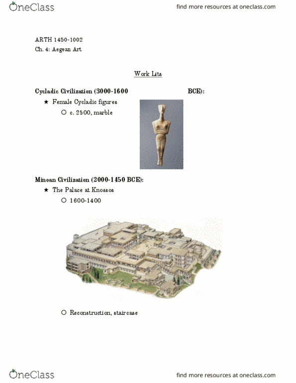 ARTH 1450 Chapter Notes - Chapter 4: Cycladic Culture, Mycenaean Greece, Minoan Snake Goddess Figurines thumbnail