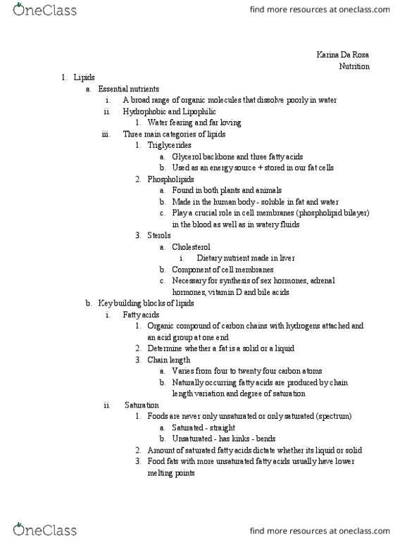 HSCI 1105 Lecture Notes - Lecture 10: Unsaturated Fat, Trans Fat, Lipid Bilayer thumbnail