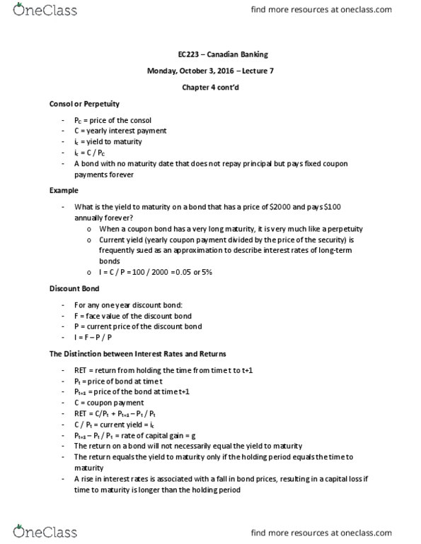 EC223 Lecture Notes - Lecture 7: Zero-Coupon Bond, Current Yield, Nominal Interest Rate thumbnail