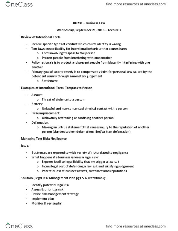 BU231 Lecture Notes - Lecture 2: False Imprisonment, Debt Management Plan, Alteratie thumbnail