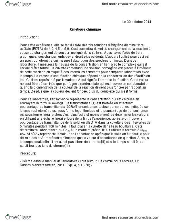 CHM 1711 Lecture Notes - Lecture 1: Ethylenediaminetetraacetic Acid, Cuvette, Couleur thumbnail