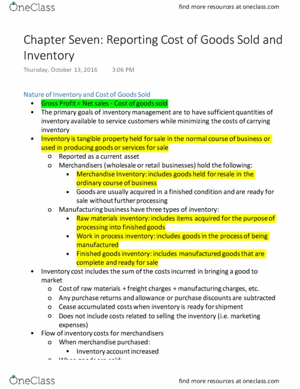 Accounting ACCT 2610 Chapter Notes - Chapter 7: Perpetual Inventory, Finished Good, Current Asset thumbnail