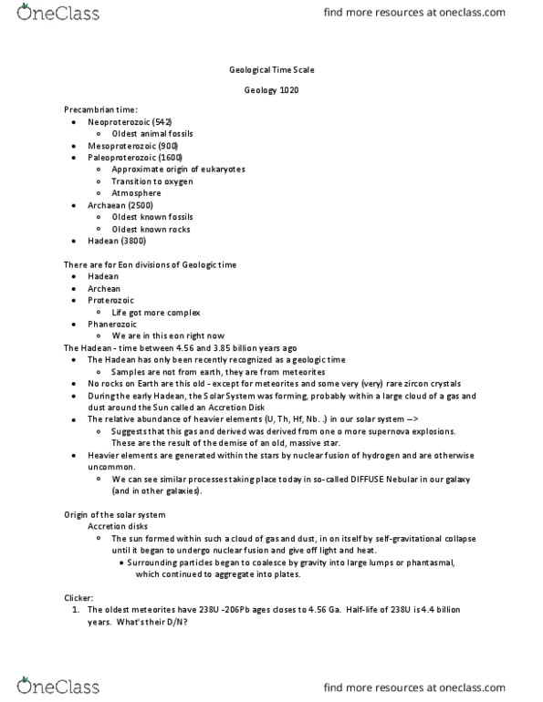 GEOL 1020 Lecture Notes - Lecture 24: Uranium-238, Hadean, Paleoproterozoic thumbnail