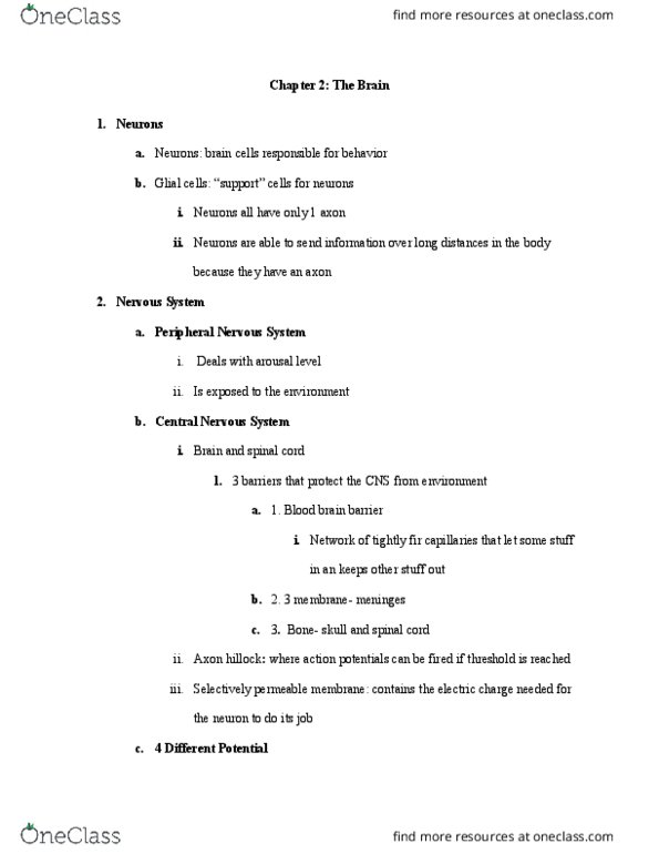 PSY 201 Lecture Notes - Lecture 1: Axon Hillock, Myelin, Peripheral Nervous System thumbnail