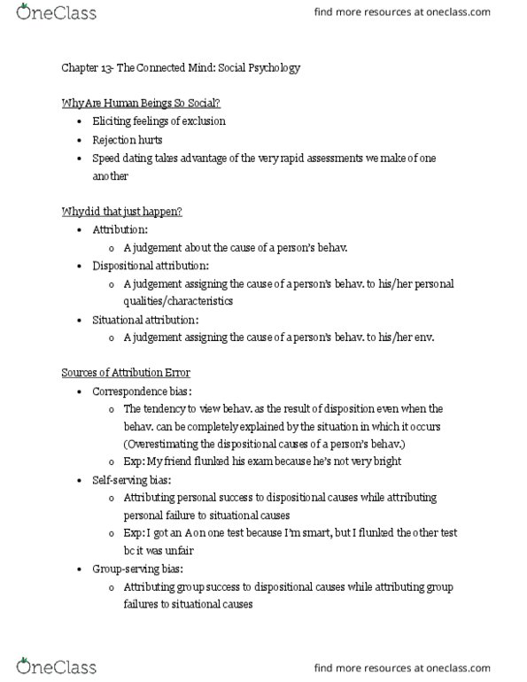 PSY 111 Chapter Notes - Chapter 13: Elaboration Likelihood Model, Dispositional Attribution, Speed Dating thumbnail