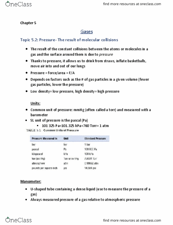 CHMA10H3 Chapter Notes - Chapter 5: Ideal Gas Law, Molar Volume, Mole Fraction thumbnail