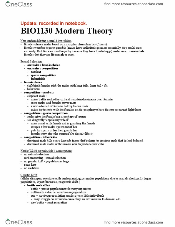 BIO 1130 Lecture Notes - Lecture 8: Sperm Competition, Ptiloris, Genetic Drift thumbnail