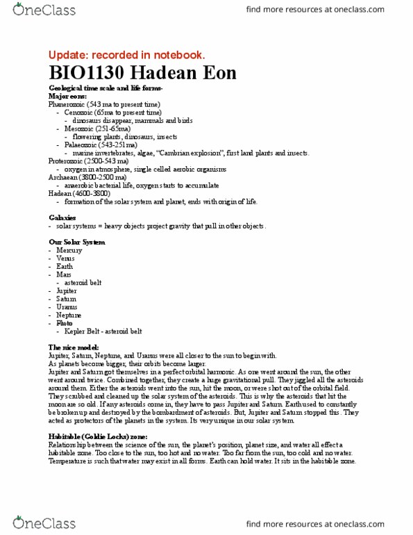 BIO 1130 Lecture Notes - Lecture 9: Geologic Time Scale, Hadean, Nice Model thumbnail