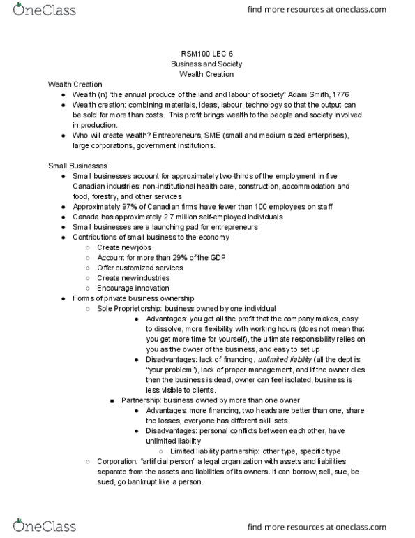 RSM100Y1 Lecture Notes - Lecture 6: Limited Liability Partnership, Limited Liability, Sole Proprietorship thumbnail