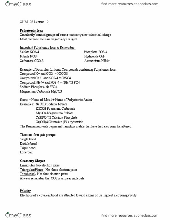 CHM 103 Lecture Notes - Lecture 12: Tricalcium Phosphate, Magnesium Sulfate, Potassium Carbonate thumbnail