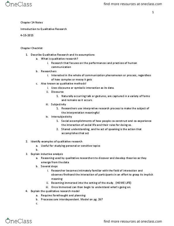 COMM  501 Lecture Notes - Lecture 14: Hawthorne Effect, Intersubjectivity thumbnail