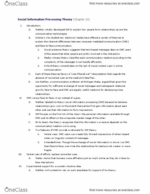 COMM  502 Lecture Notes - Lecture 10: Social Desirability Bias, Media Richness Theory, Social Presence Theory thumbnail