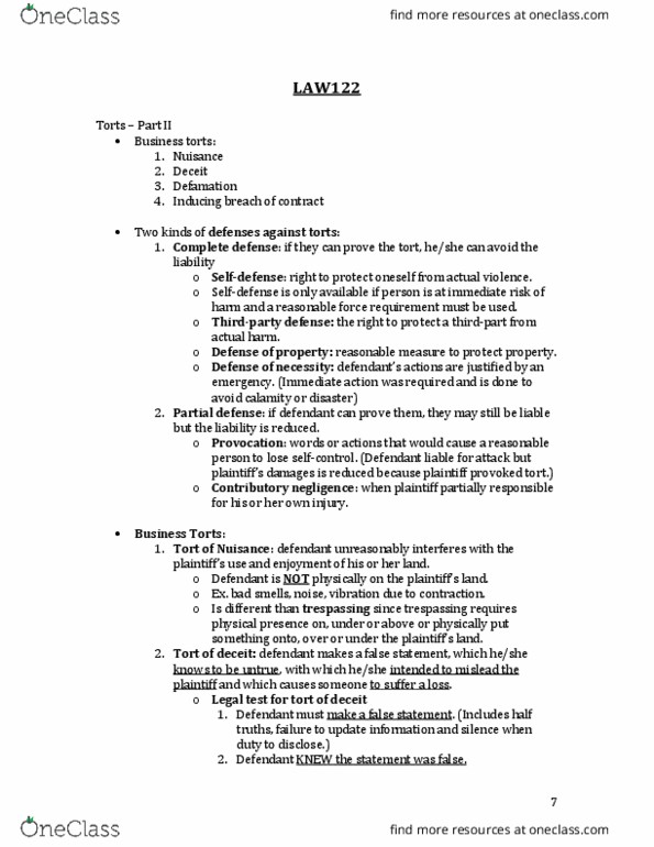 LAW 122 Lecture Notes - Lecture 3: Qualified Privilege, Punitive Damages, Vicarious Liability thumbnail