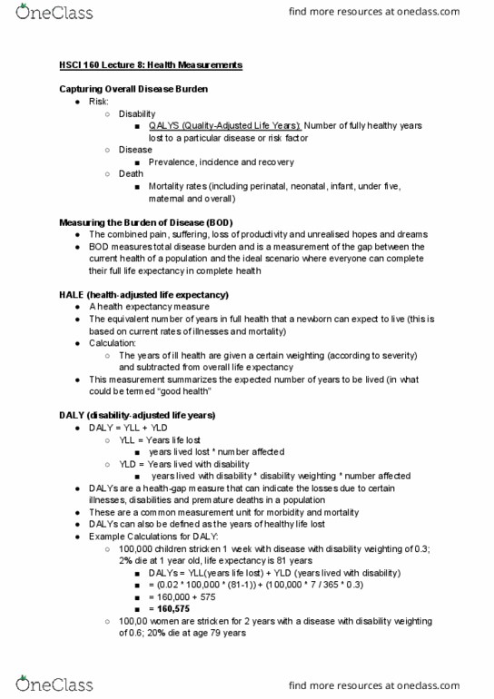 HSCI 160 Lecture Notes - Lecture 8: Sub-Saharan Africa, Disability-Adjusted Life Year thumbnail