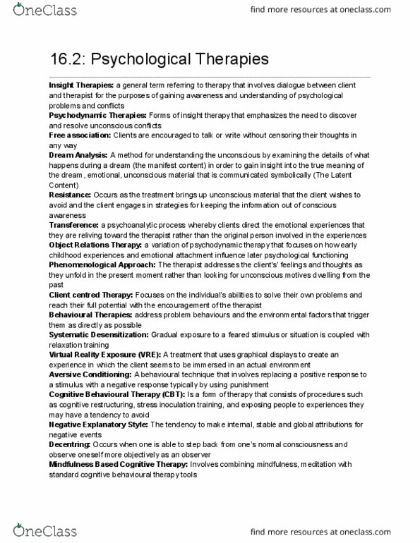PSYC 1000 Chapter Notes - Chapter 16: Sigmund Freud, Cognitive Behavioral Therapy, Cognitive Restructuring thumbnail
