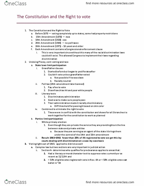 PSC 2302 Lecture Notes - Lecture 16: Fifteenth Amendment To The United States Constitution thumbnail