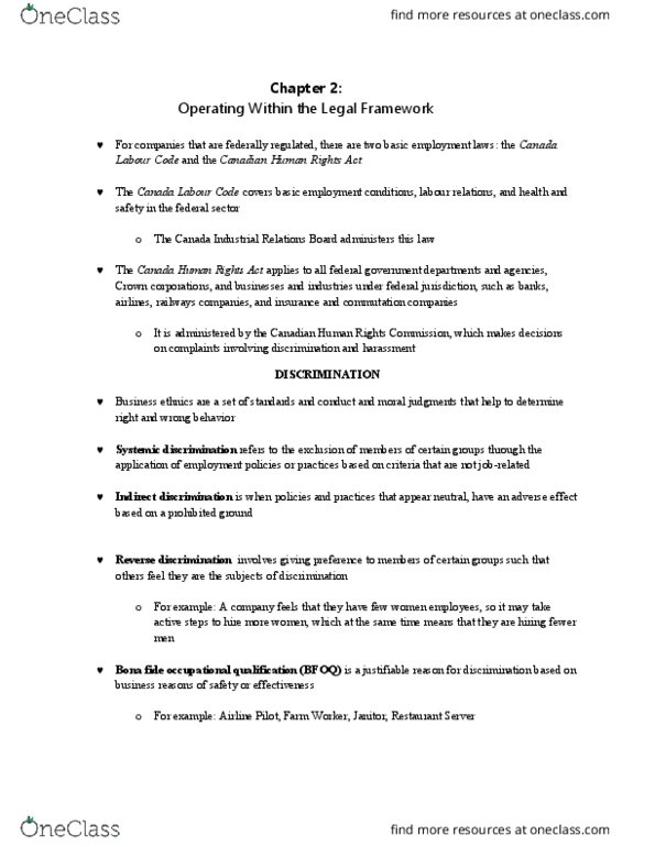 HRES 2170 Lecture Notes - Lecture 2: Visible Minority, Reasonable Accommodation, Equal Pay For Equal Work thumbnail