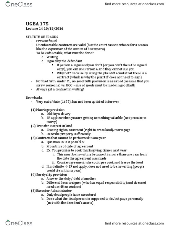 UGBA 175 Lecture Notes - Lecture 14: Surety, Loan Guarantee, Quasi-Contract thumbnail