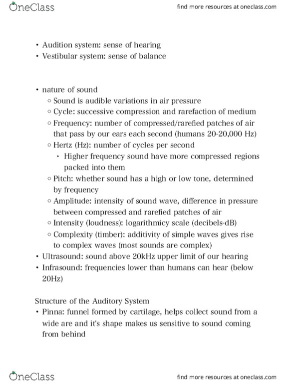 NRSC 2100 Lecture Notes - Lecture 15: Cochlea, Ossicles, Infrasound thumbnail