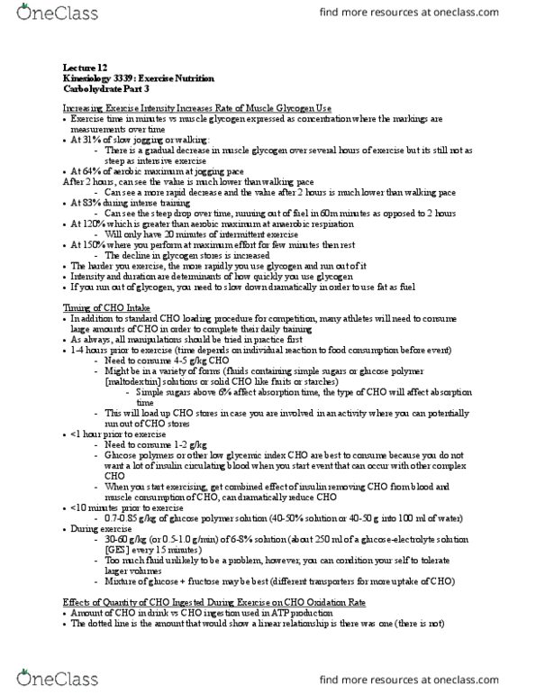 Kinesiology 3339A/B Lecture Notes - Lecture 12: Nutrient, Gluconeogenesis, Exercise Intensity thumbnail