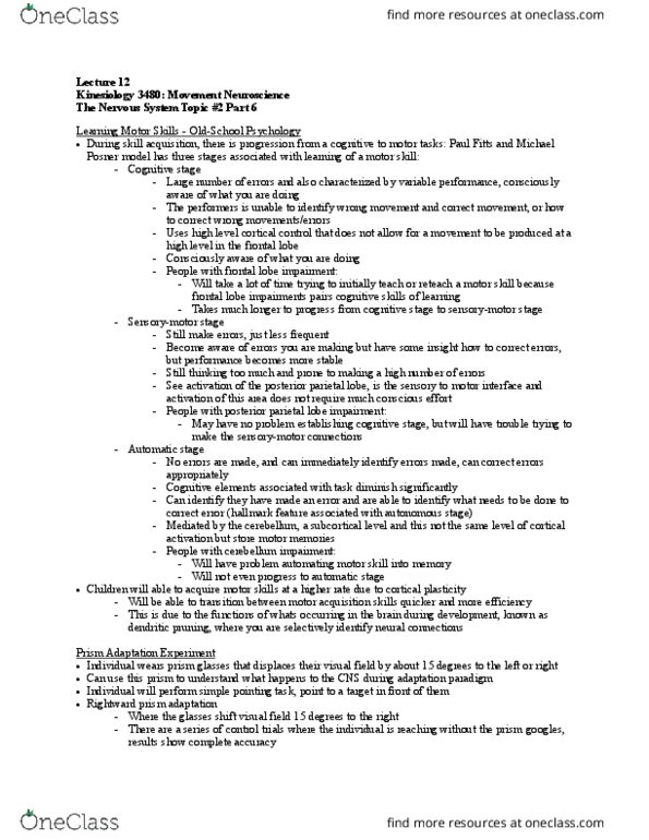 Kinesiology 3480A/B Lecture Notes - Lecture 12: Paul Fitts, Parietal Lobe, Frontal Lobe thumbnail
