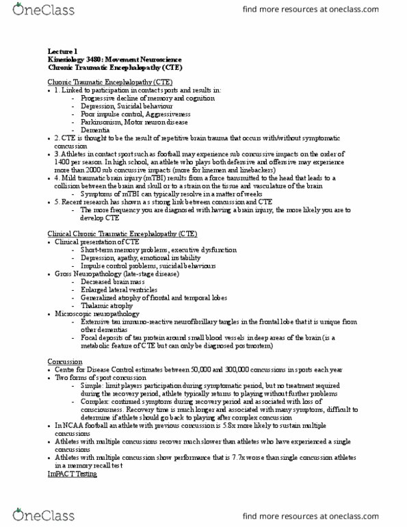 Kinesiology 3480A/B Lecture Notes - Lecture 1: Computer Mouse, Chronic Traumatic Encephalopathy, Traumatic Brain Injury thumbnail