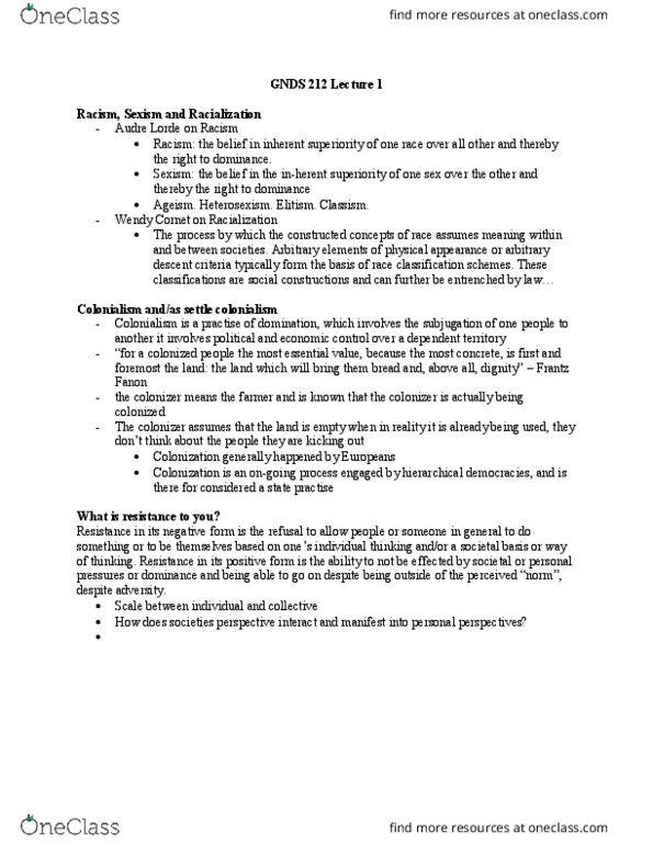 GNDS 212 Lecture Notes - Lecture 1: Frantz Fanon, Audre Lorde, Class Discrimination thumbnail