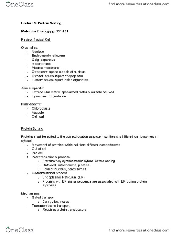 BIO230H1 Lecture Notes - Lecture 9: Hsp70, Peroxisomal Targeting Signal, Thylakoid thumbnail