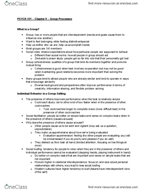 PSYCH 221 Chapter Notes - Chapter 9: Group Polarization, Social Dilemma, Social Loafing thumbnail