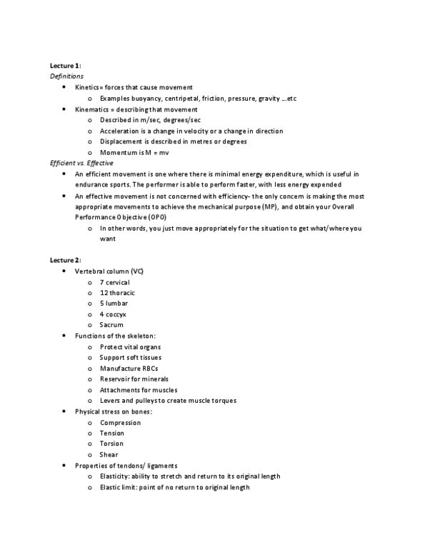 Kinesiology 2241A/B Study Guide - Fall 2012, Midterm - Vertebral Column ...