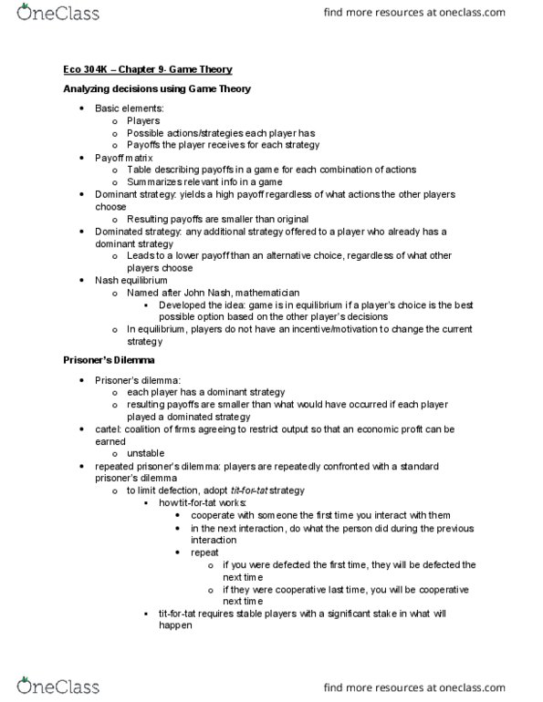 ECO 304K Chapter Notes - Chapter 9: Nash Equilibrium, Normal-Form Game, Strategic Dominance thumbnail