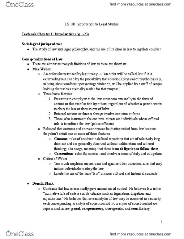 LS101 Chapter Notes - Chapter 1: Main Source, Precedent, Religious Law thumbnail
