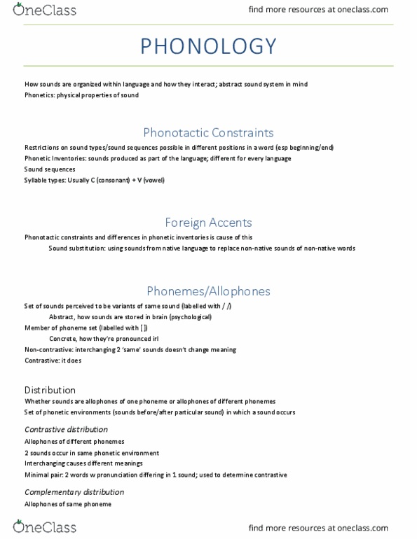 LIN 1300 Chapter Notes - Chapter 3: Nasal Consonant, Contrastive Distribution, Complementary Distribution thumbnail