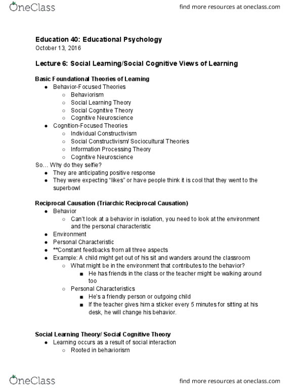 EDUC 40 Lecture Notes - Lecture 6: Ponytail, Social Cognitive Theory, Social Learning Theory thumbnail