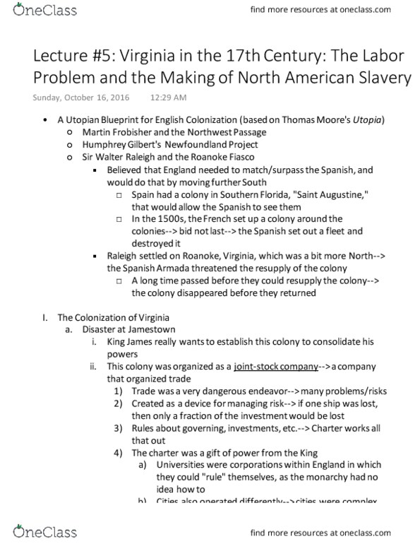HISTORY 7A Lecture 5: Lecture 5 Virginia in the 17th Century The Labor Problem and the Making of North American Slavery thumbnail