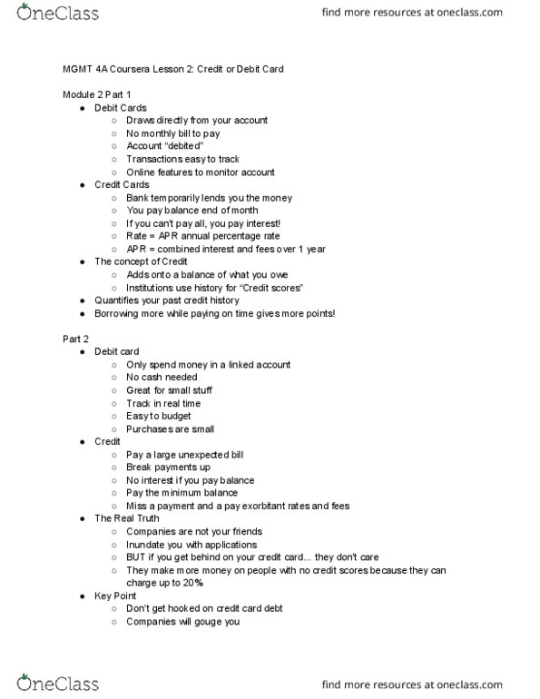 MGMT 4A Chapter Notes - Chapter 1: Annual Percentage Rate, Debit Card, Coursera thumbnail