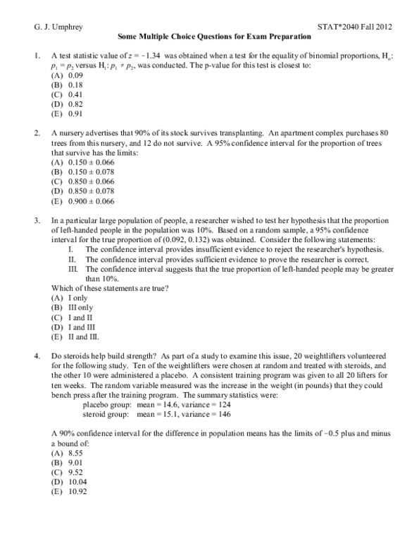 STAT 2040 Study Guide - Fall 2012, Final - Filter Paper, Random ...