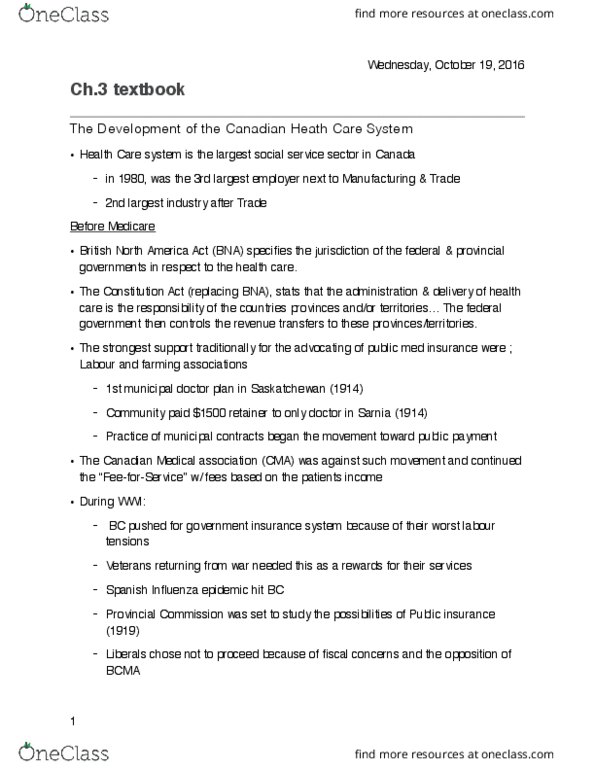 HLSC 2P21 Chapter Notes - Chapter 3: Canadian Medical Association, Government Operations, Disability Insurance thumbnail
