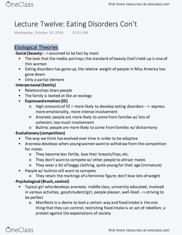 HLTHAGE 1CC3 Lecture Notes - Lecture 12: Eating Disorder, Bulimia Nervosa, Etiology thumbnail